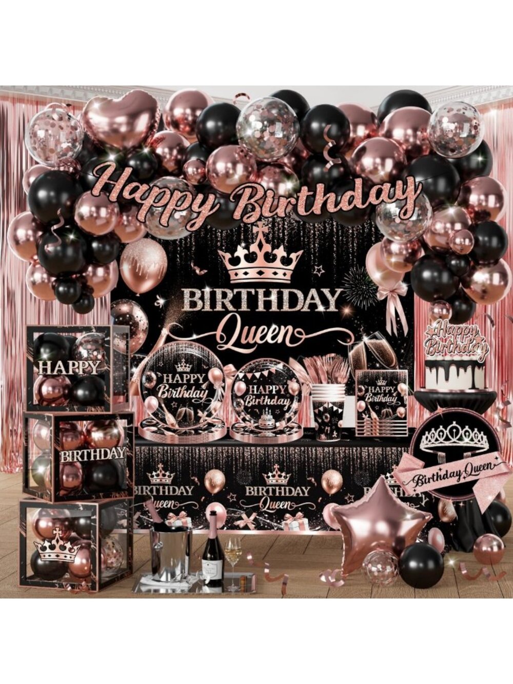 Elegant Black & Rose Gold Queen Birthday Decorations Set | All-in-One Party